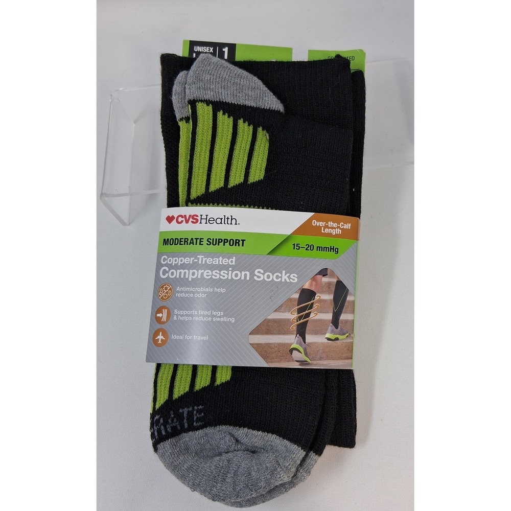 CVS Health Copper Compression Socks L/XL 15-20 mmHg Black Green Over-the-Calf